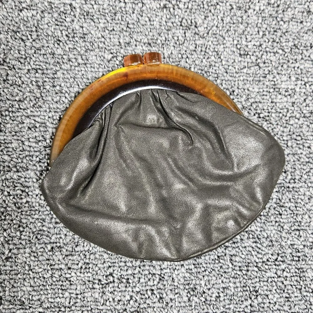 Vintage Bud‎ Leather Genuine Black Leather Coin Purse Bakelite Kiss Lock